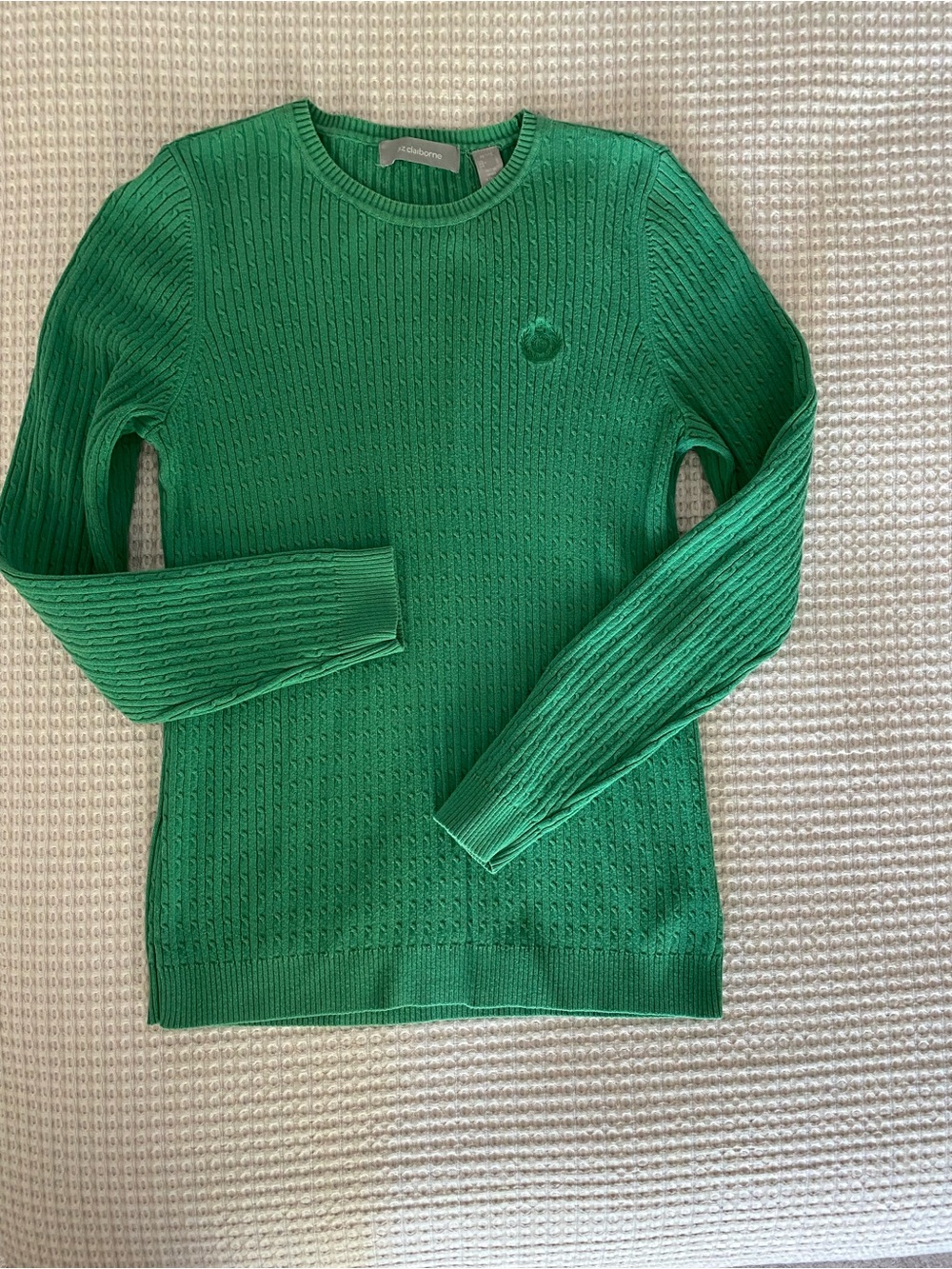 Claiborne Emerald Green Cable-Knit Crewneck Sweater, 100% Cotton.